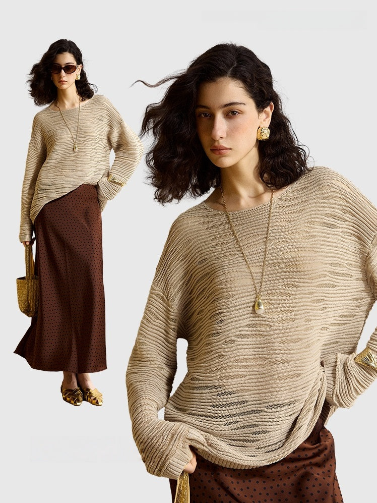 Autumn Breathable Top – Embossed Diamond Glitter Hollow-Knit Knitwear
