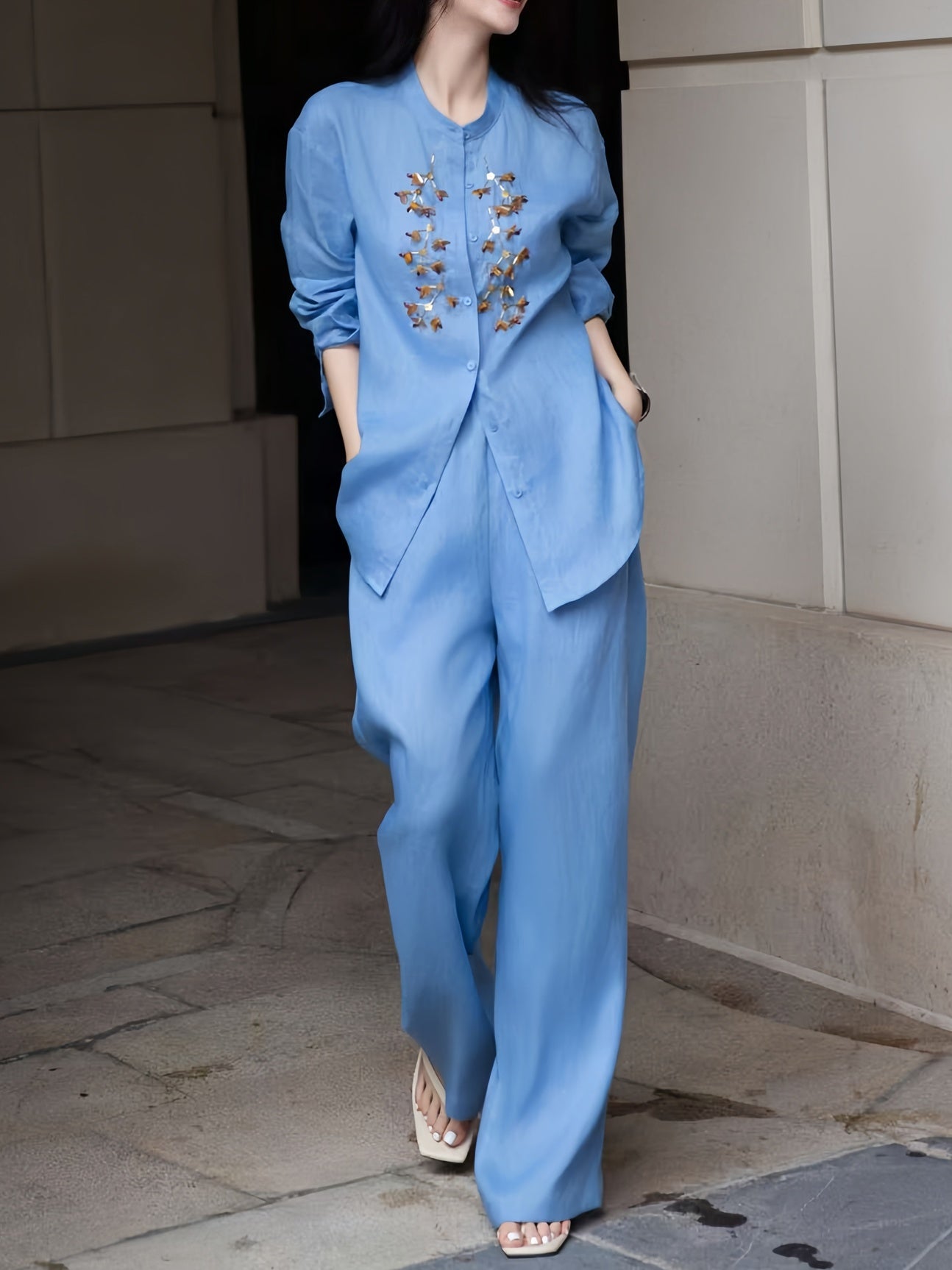 Linen Hand-Beaded Shirt + Pants Old Money Style Two-Piece Set