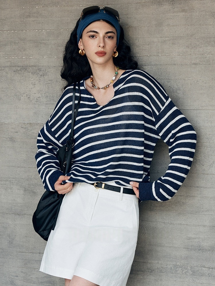 Old Money Breton Knit Top – Japanese Washi Cotton Blend Round/V-Neck Lightweight Sweater