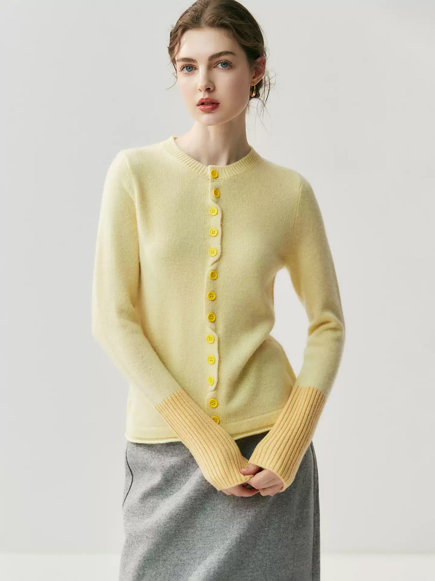 Baby Goat Cashmere Knit Cardigan for Women – Crew Neck Color-Block Wool Sweater Jacket