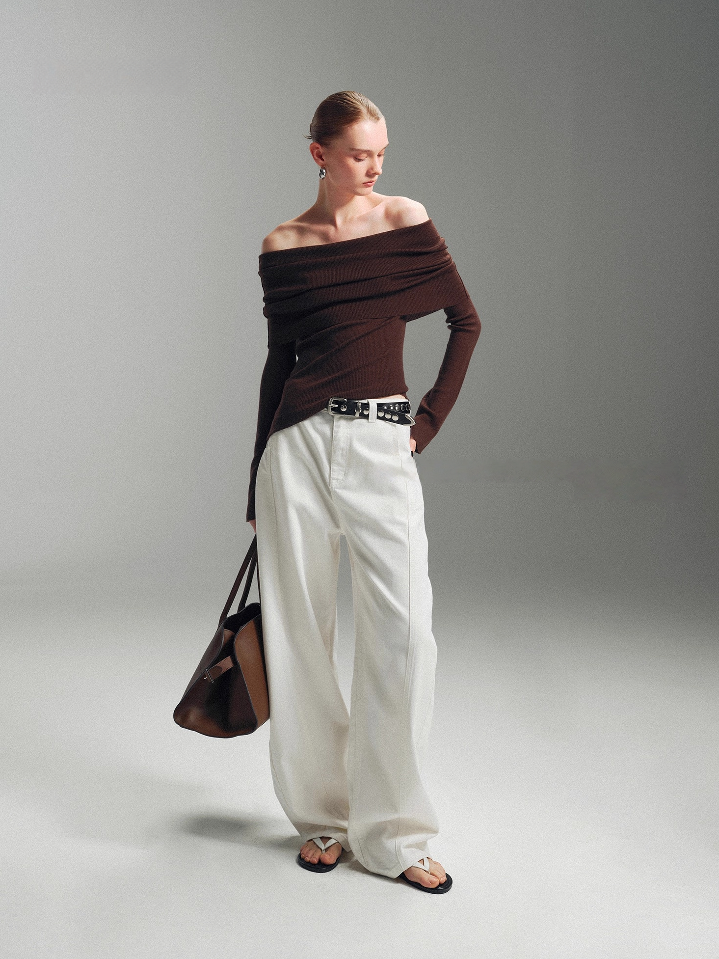 Pure Wool Fine-Rib Off-Shoulder Drape Neck Knit Top for Women – Elegant Spring/Fall Sweater