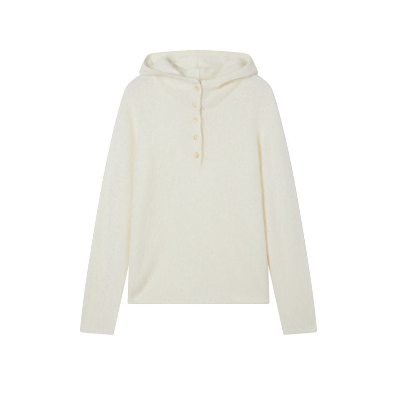 Cashmere Wool Brushed Hoodie Sweater | Henley-Neck Relaxed Fit Soft Cloud-Knit Pullover