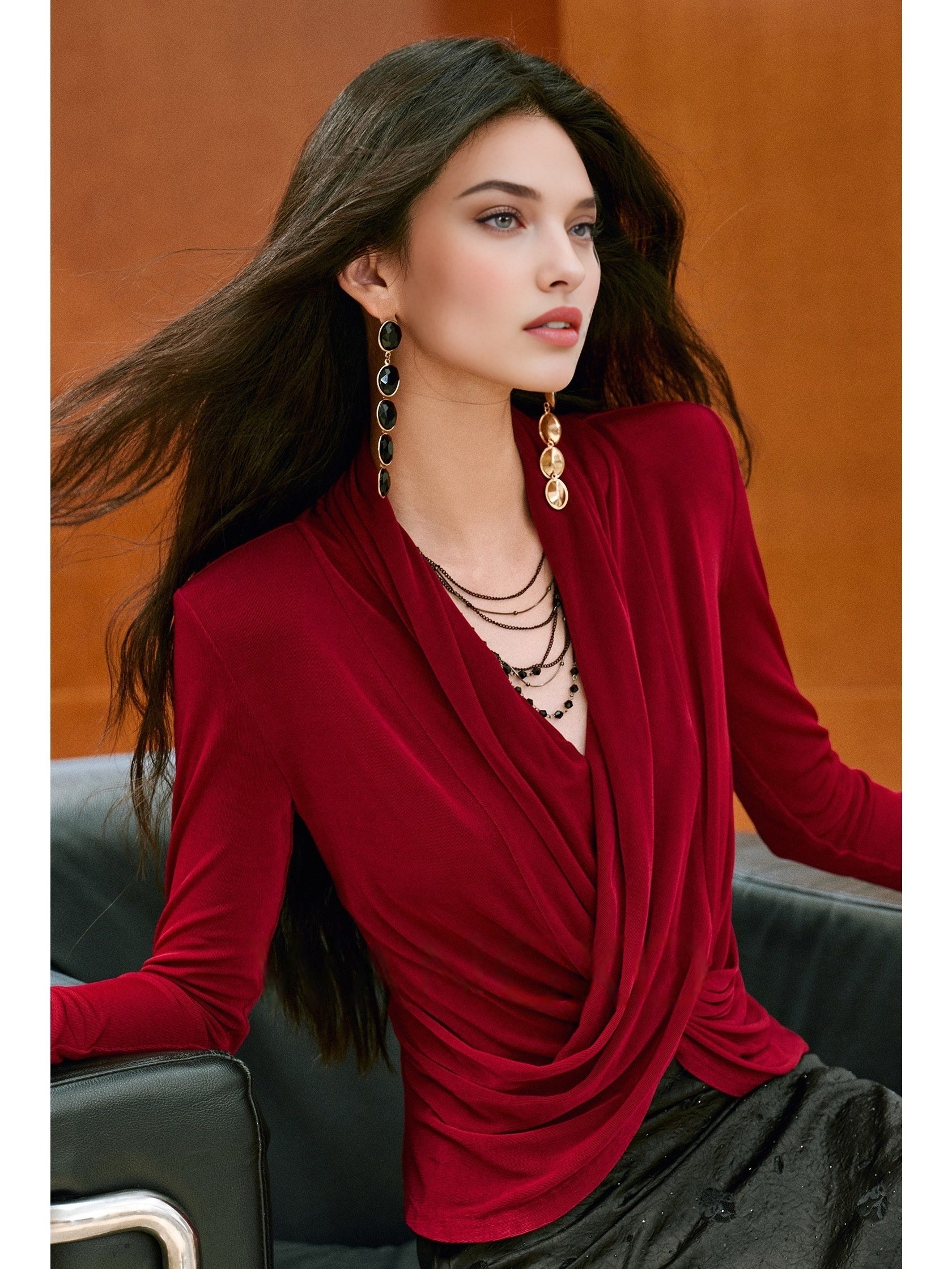 Glossy Heavyweight Acetate Knit | Cross Draped Neckline Natural Pleating Structured Shoulder Slim Fit Top