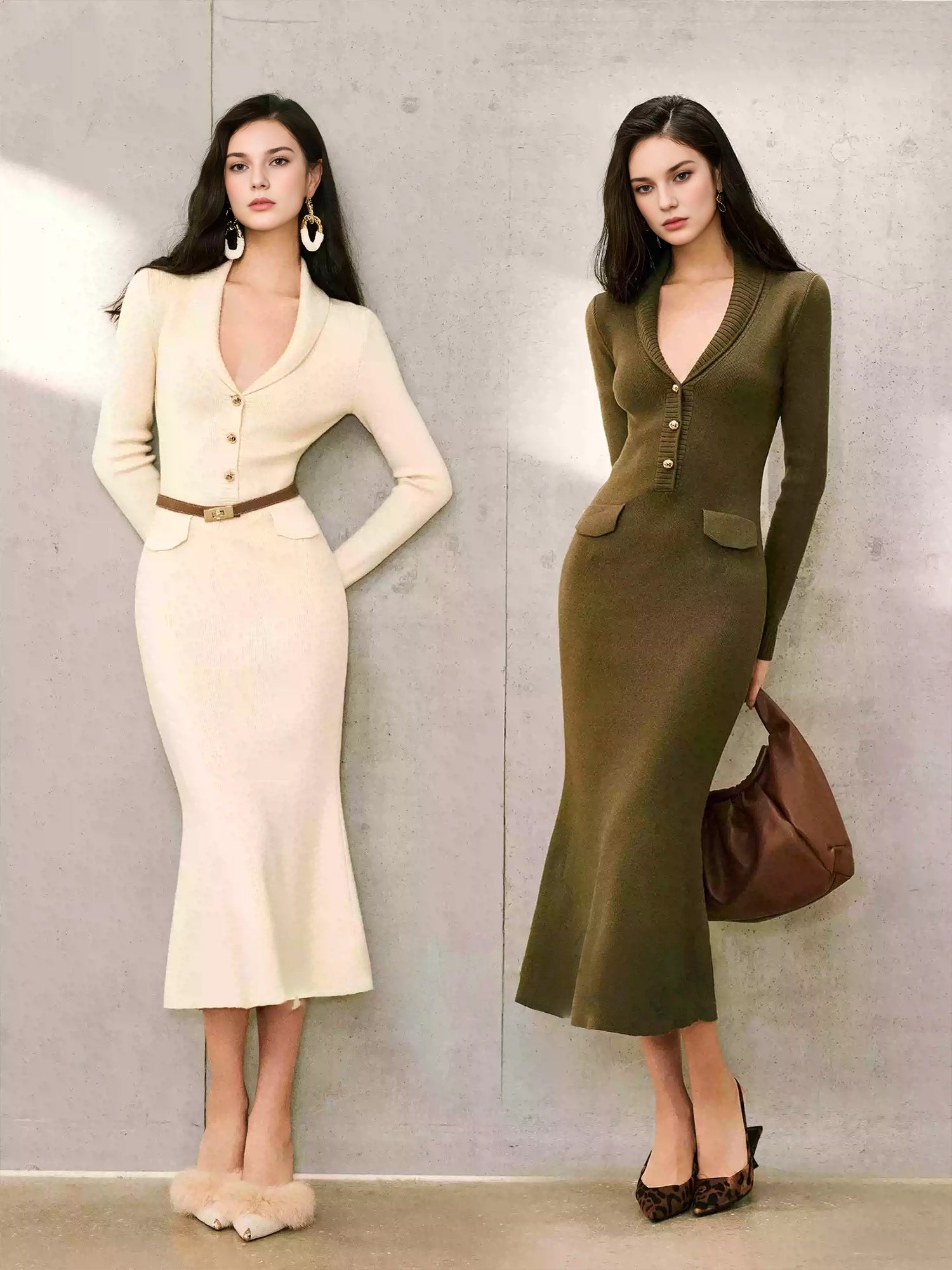 High-Gauge Modal Stretch Knit Fishtail Dress — Folded V-Neck, Gold Buttons & Curved Silhouette Design