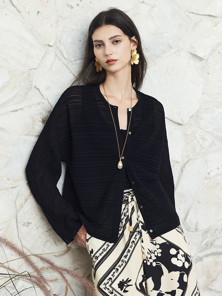 Old Money Relaxed Cardigan – Airy Crinkle 16-Gauge Slimming Batwing Sleeve