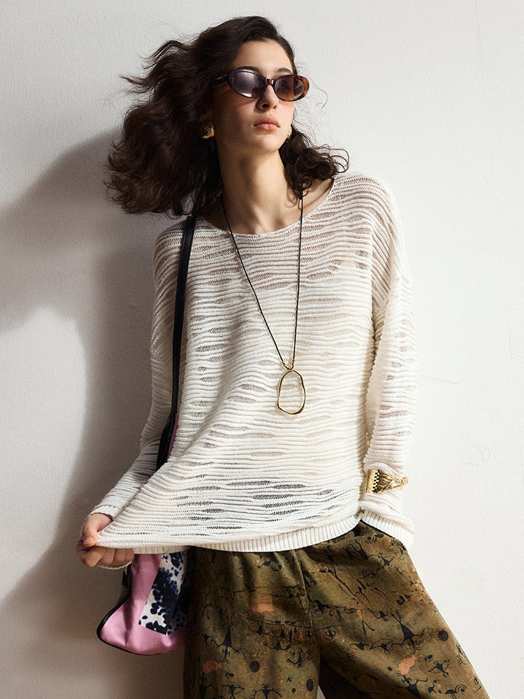 Autumn Breathable Top – Embossed Diamond Glitter Hollow-Knit Knitwear