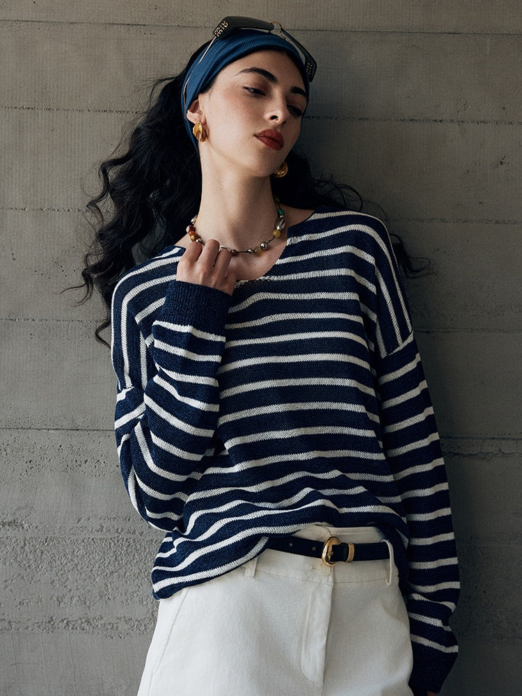 Old Money Breton Knit Top – Japanese Washi Cotton Blend Round/V-Neck Lightweight Sweater