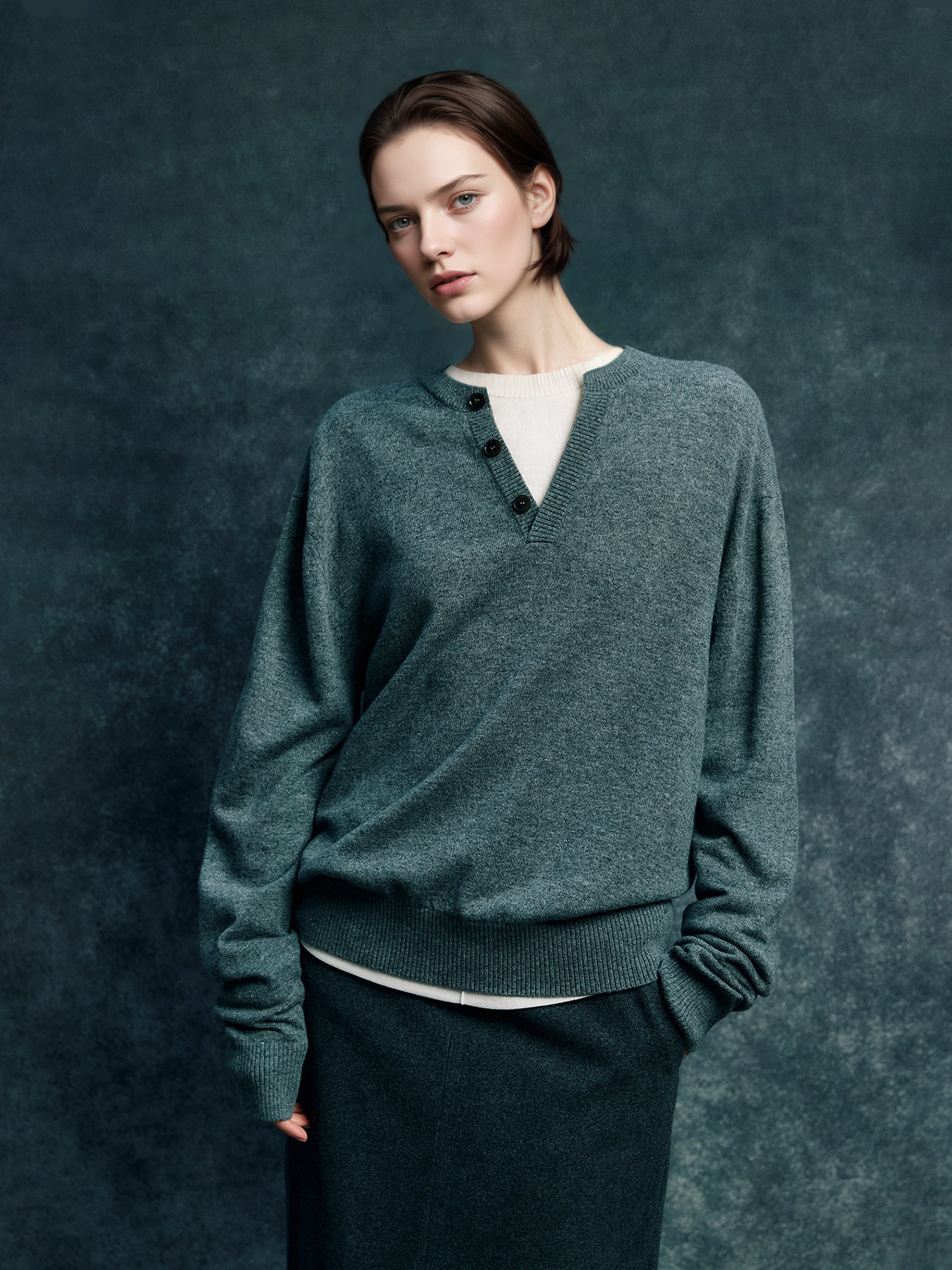 Contrast Trim Wool Cashmere Sweater for Women | Minimalist Loose Fit Ribbed Knit Top with Layered Effect