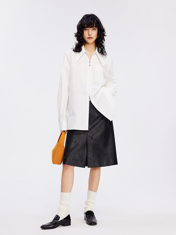 Double Zipper Sharp-Collar Shirt | High-Density Slim Fit Paper-Feel Commuter Blouse for Women
