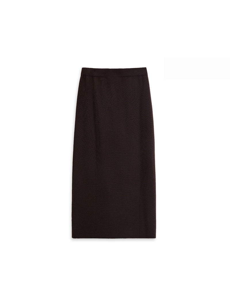 German Wool Yarn Ribbed Knit Pencil Skirt – Elegant Split Hem Wool Midi Skirt for Work