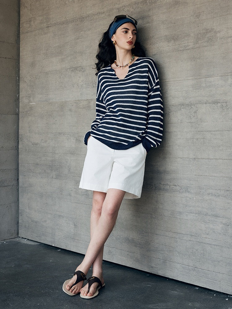 Old Money Breton Knit Top – Japanese Washi Cotton Blend Round/V-Neck Lightweight Sweater