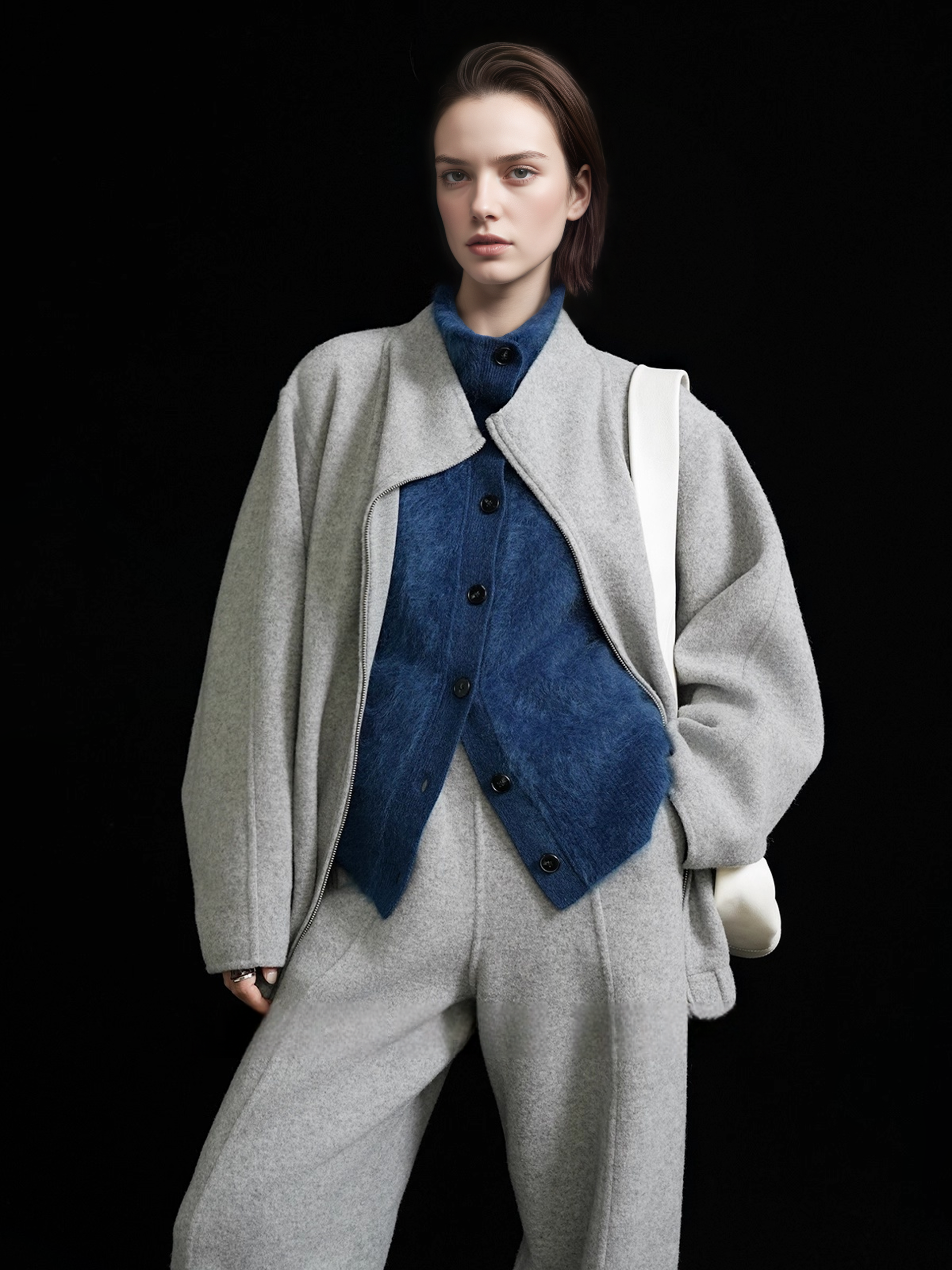 Premium Brushed  Cashmere 100% Stand-Collar Button Cardigan for Women