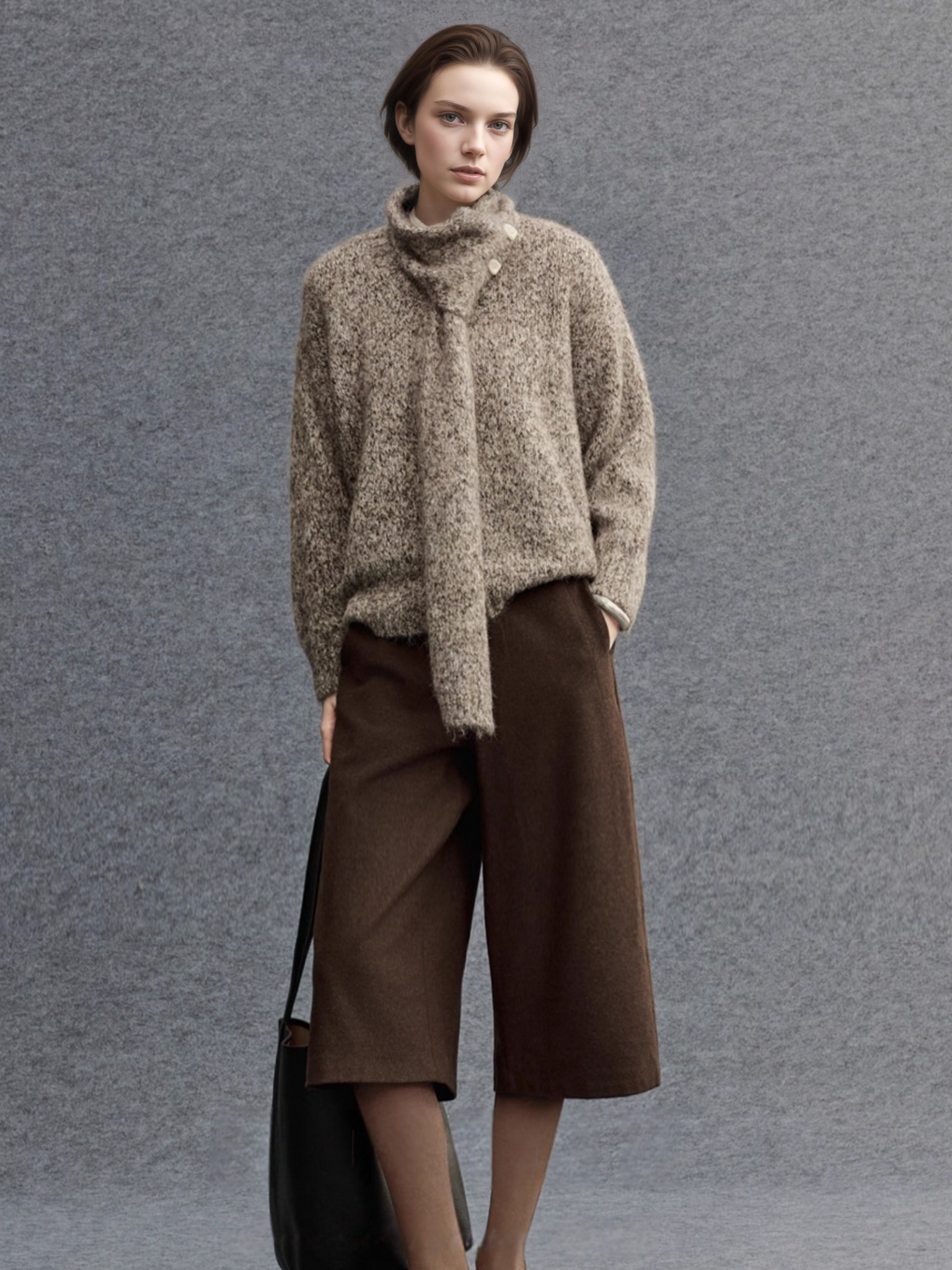 Textured Mélange Knit Sweater with Detachable Scarf | Relaxed H-Silhouette Drop-Shoulder V-Neck Pullover for Women