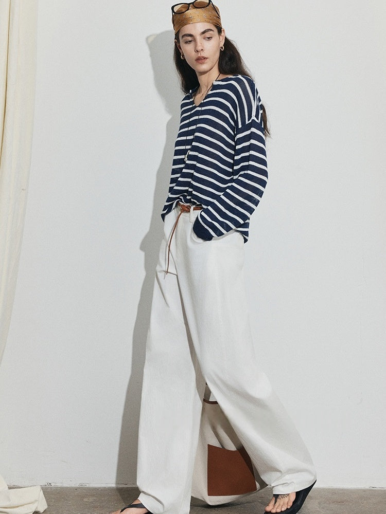 Old Money Breton Knit Top – Japanese Washi Cotton Blend Round/V-Neck Lightweight Sweater