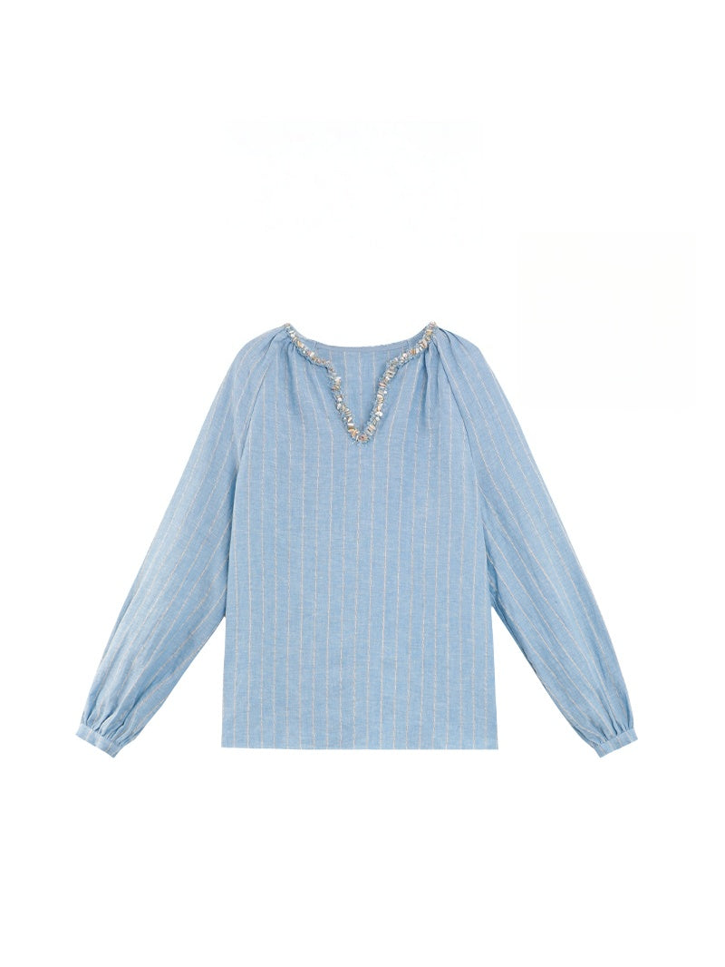 Luxury Linen Striped Shirt – Handcrafted Loose Fit Casual Shirt with Gold Glitter Collar for Women