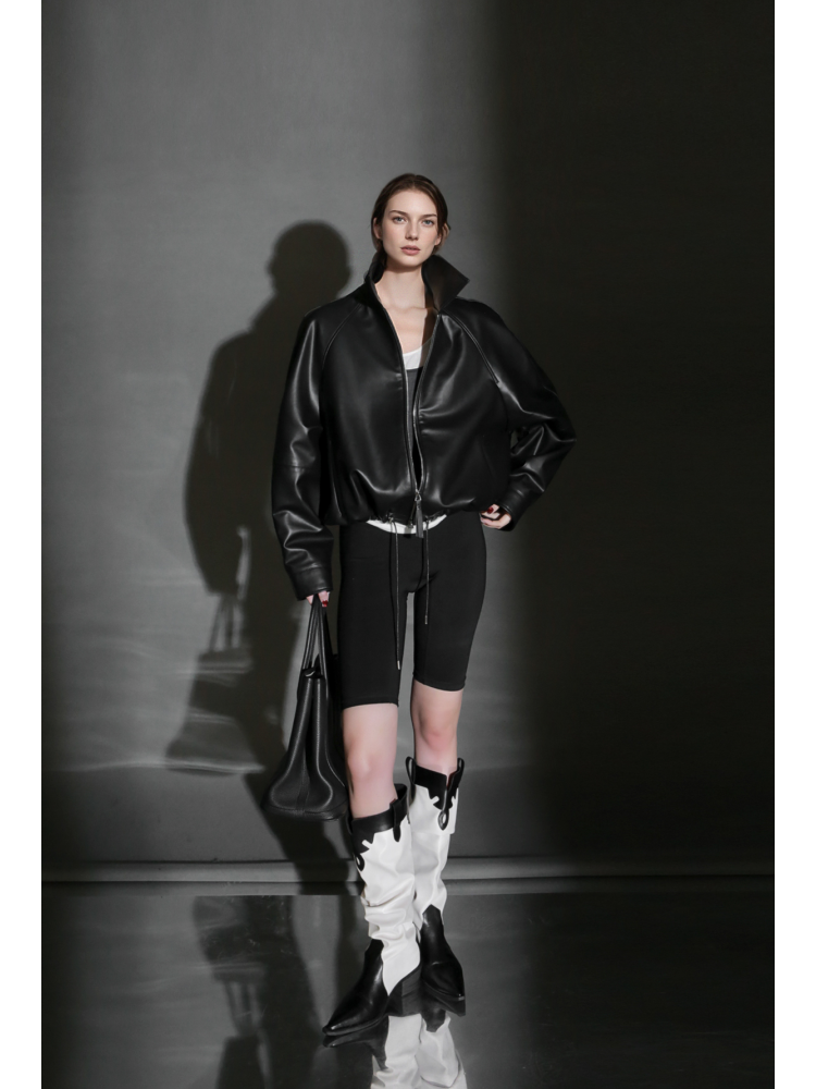 Women’s Short Moto Leather Jacket with Small Notch Collar and Cinched Hem – Spring/Fall Leather Biker Jacket