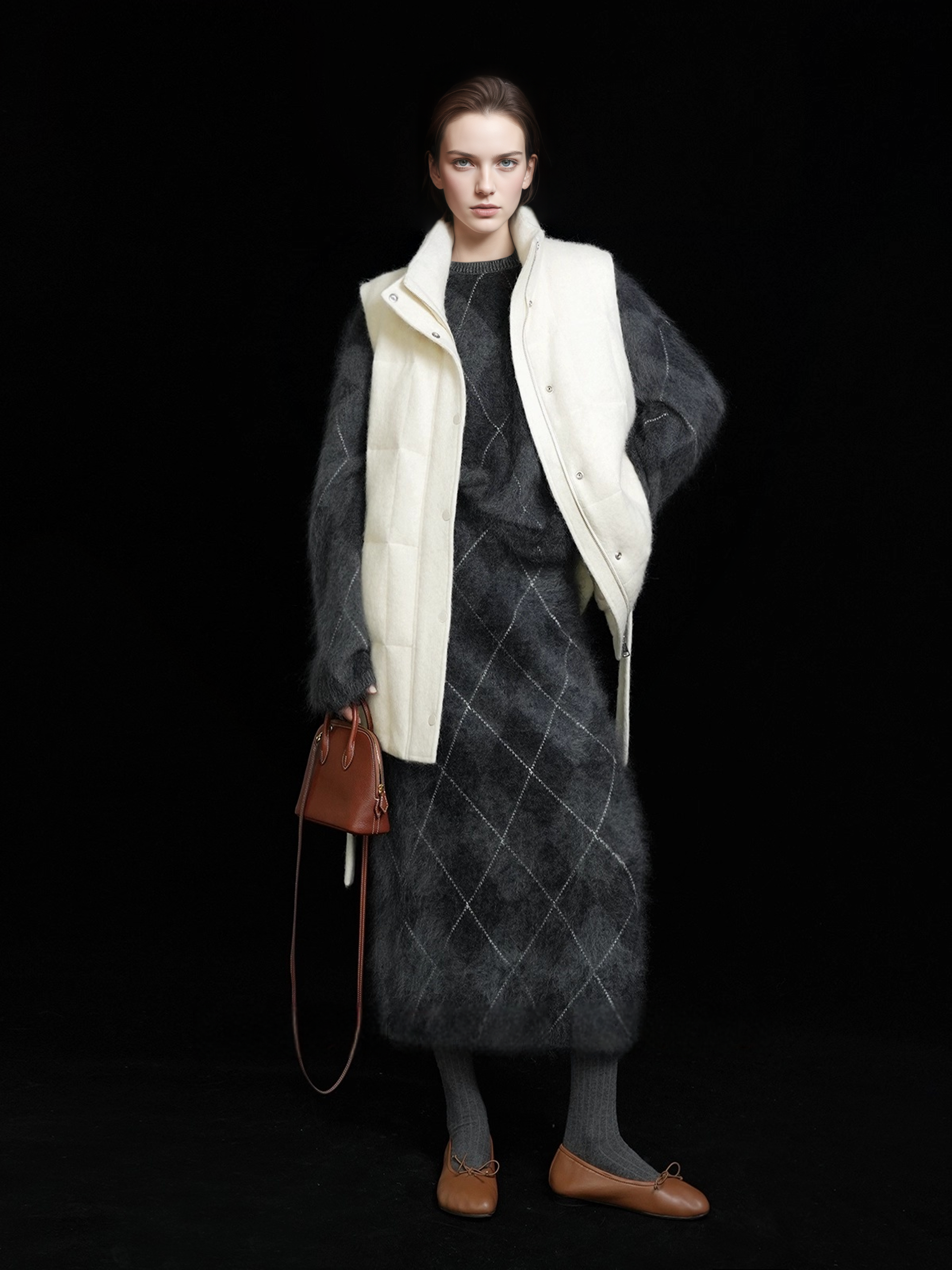 Heavyweight Brushed Knit Vintage Diamond-Pattern Midi Skirt for Women