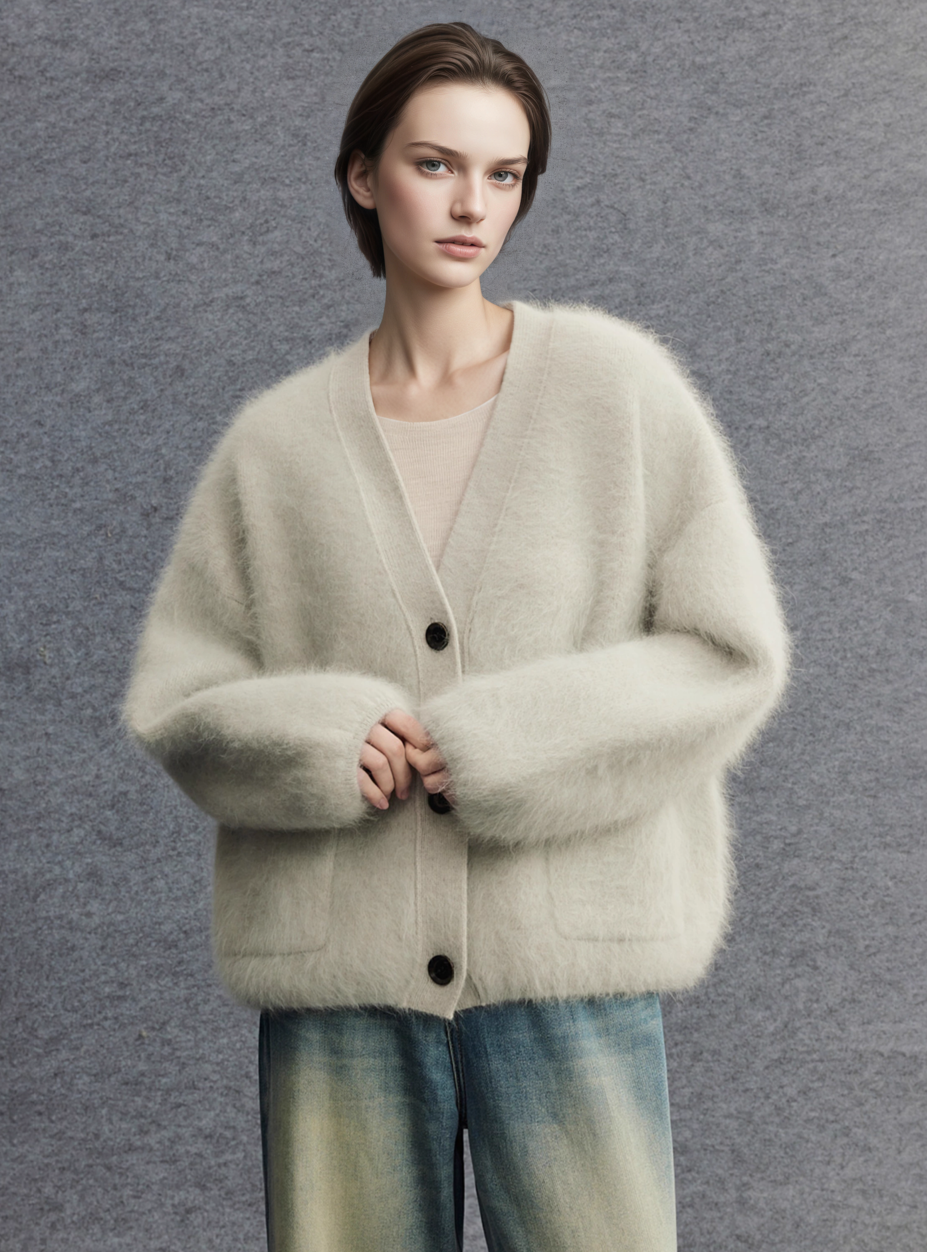 Brushed Merino Wool Knit Sweater | Minimalist Relaxed-Fit Brushed Short Jacket for Women