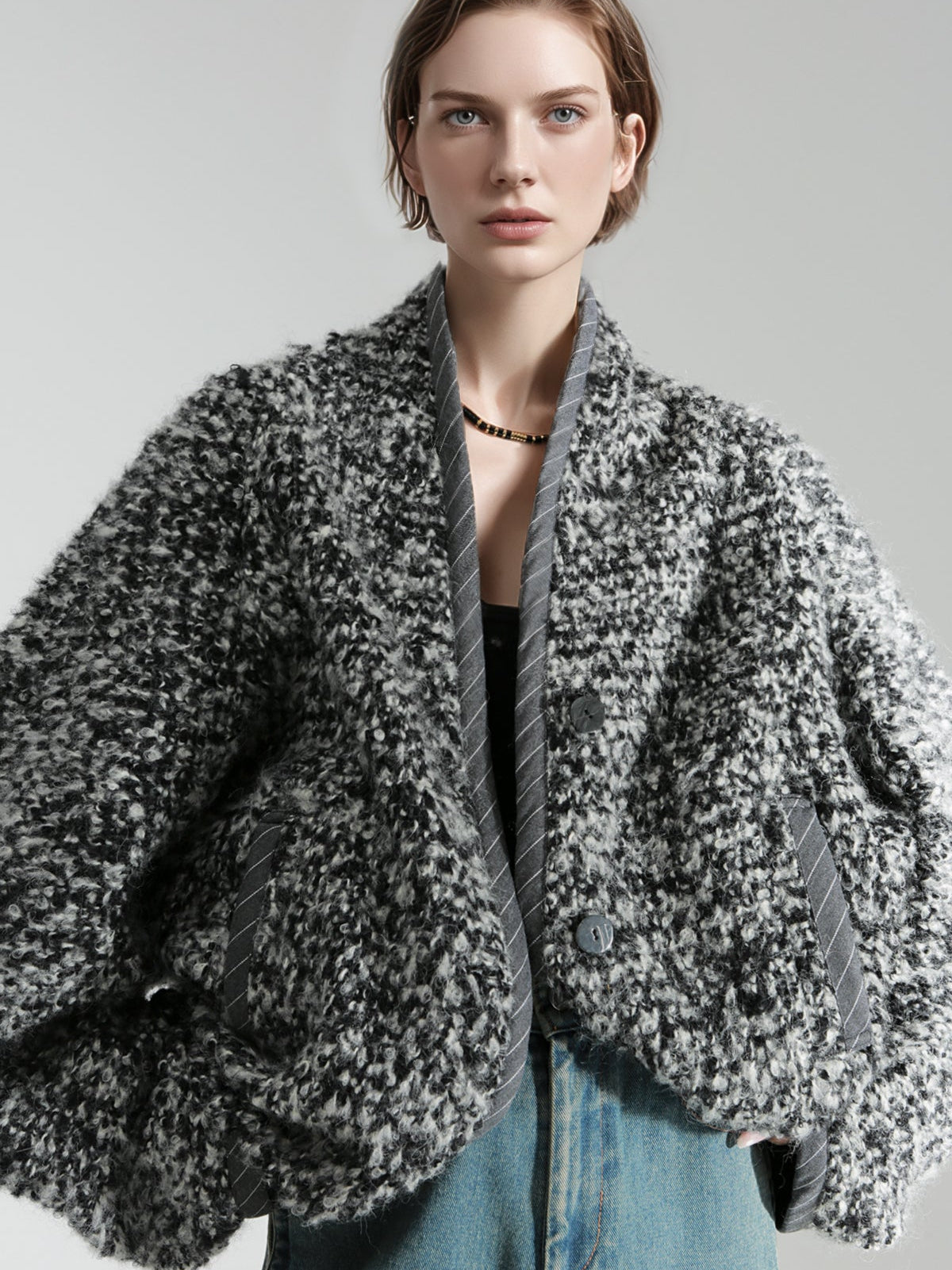Old Money Style Batwing Sleeve Cardigan Coat for Women – Double-Faced Alpaca Wool Cape with Leather Trim and Speckled Dot Detail