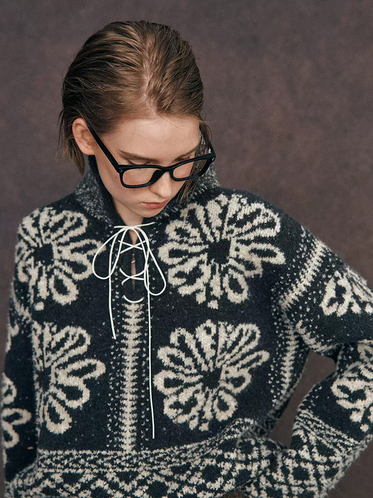 Paris Snow Velvet Fair Isle Knit | French-Style Tie Polo Collar Loose Slimming Pullover Sweater