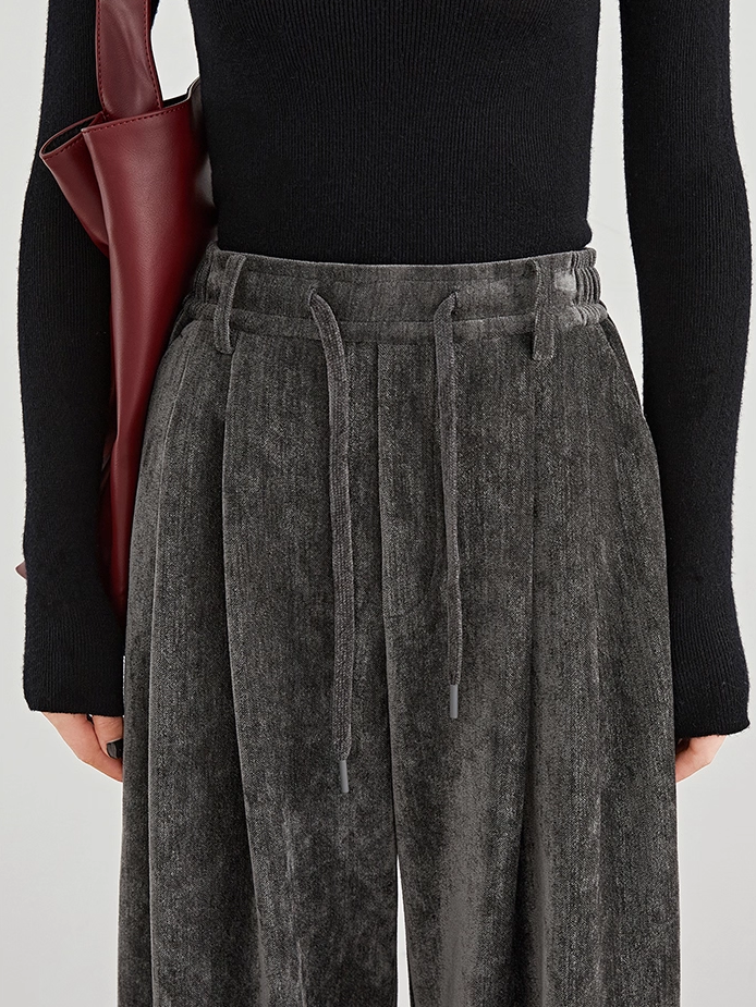 Women's Dark Gray Velvet Wide-Leg Pants – Extended Fall/Winter Chenille Casual Lounge Floor-Length Trousers with Draped Fit