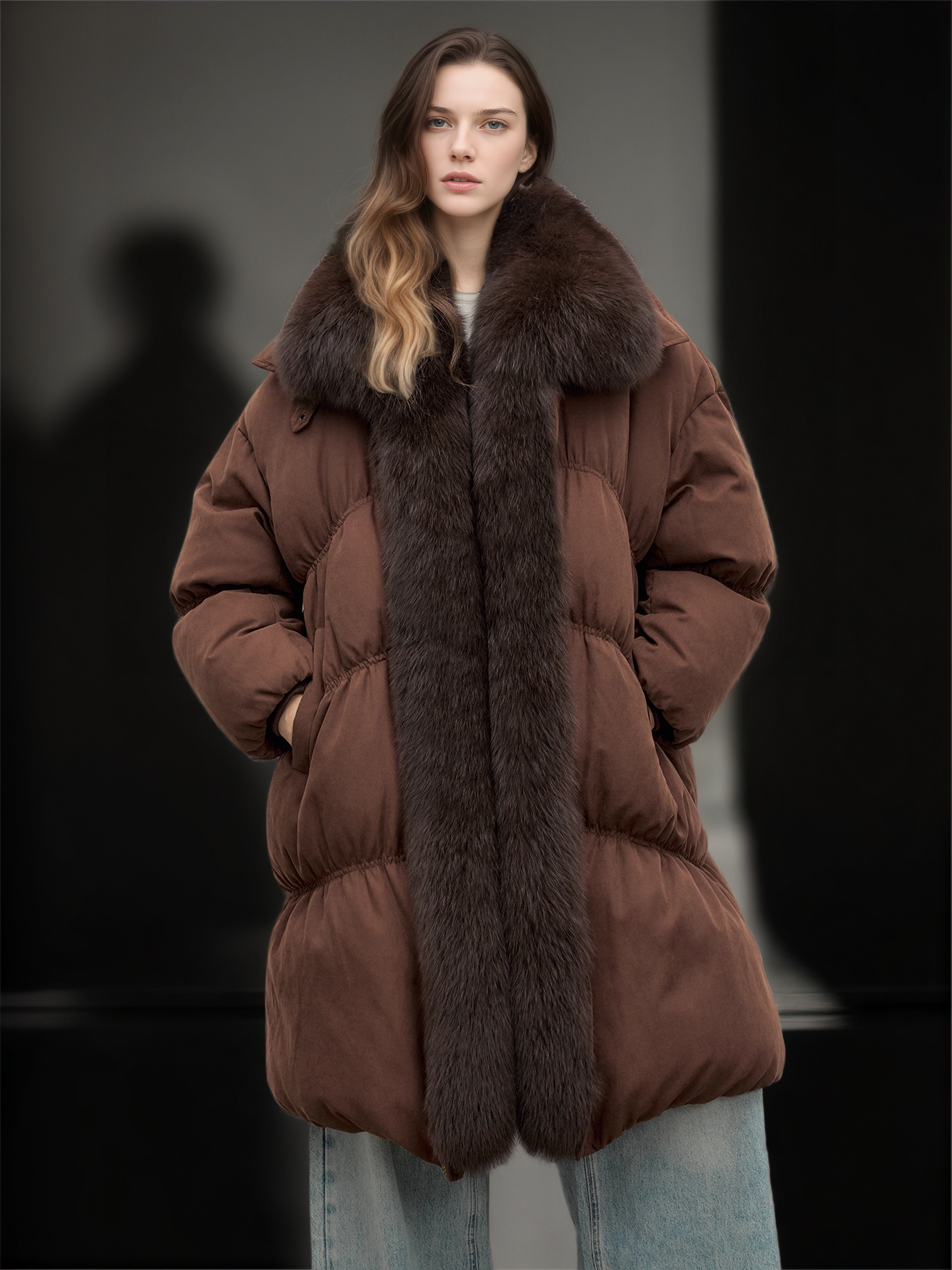 Women’s Mid-Length Down Coat with&nbsp; Fox Fur Hood | 90% White Goose Down Winter Jacket