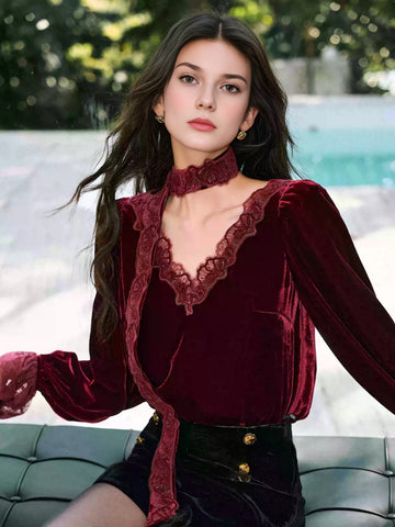 Soft Glow Silk Velvet Top – Eyelash Lace Trim, Tie-Neck Detail, Loose Fit Bell Sleeves