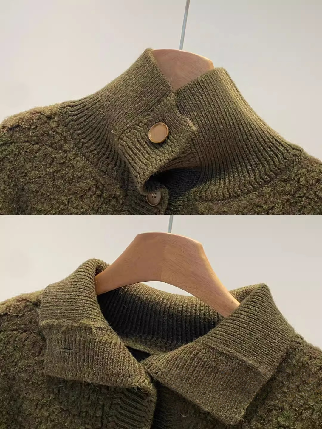 100% Wool Bouclé Knit Stand Collar Sweater Jacket for Women | Heavyweight Thick Textured Wool Cardigan