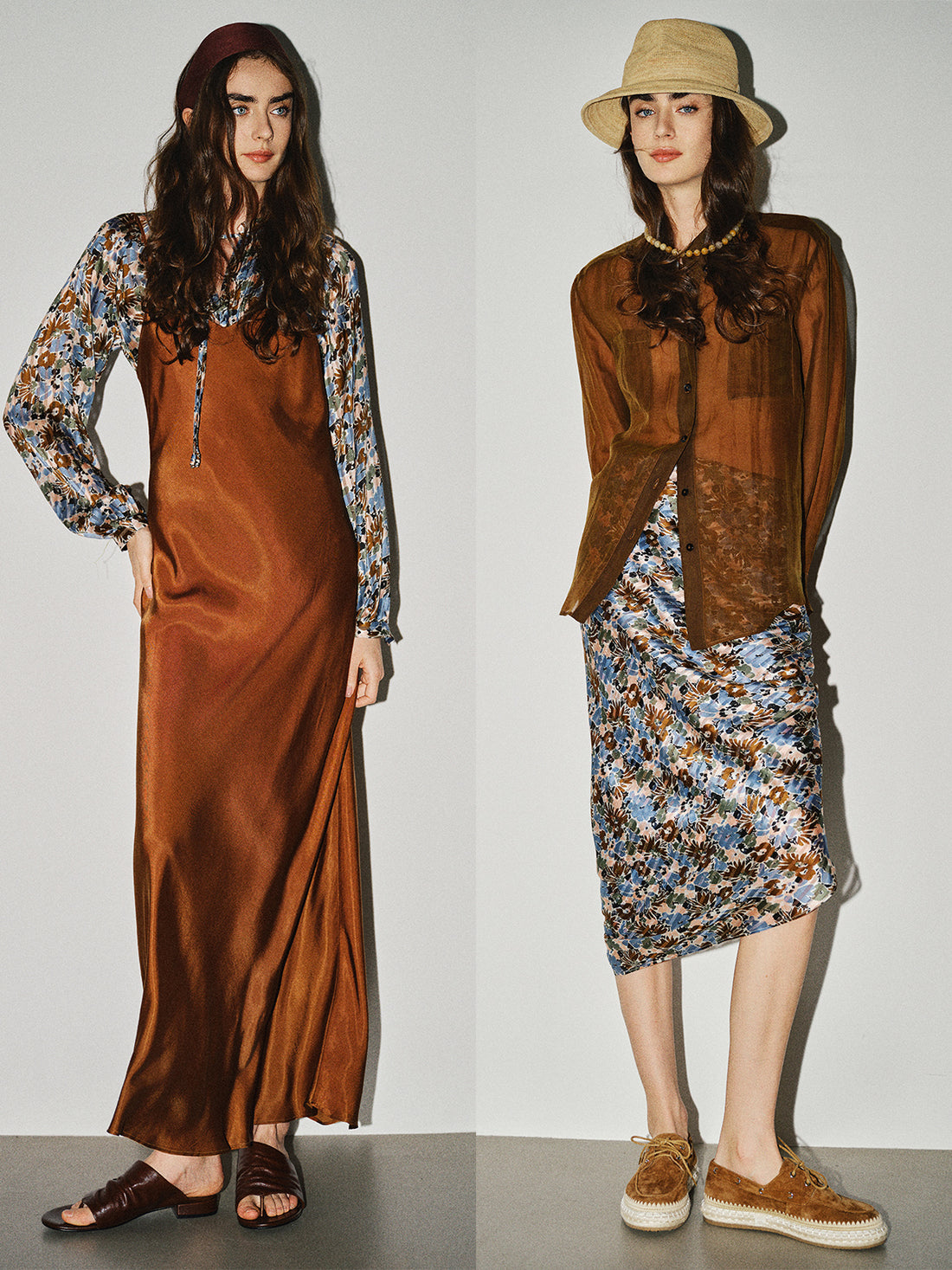 Blooming Floral" Skin-Friendly Breathable Silk Jacquard Print Country-Style Shirt/Skirt Set