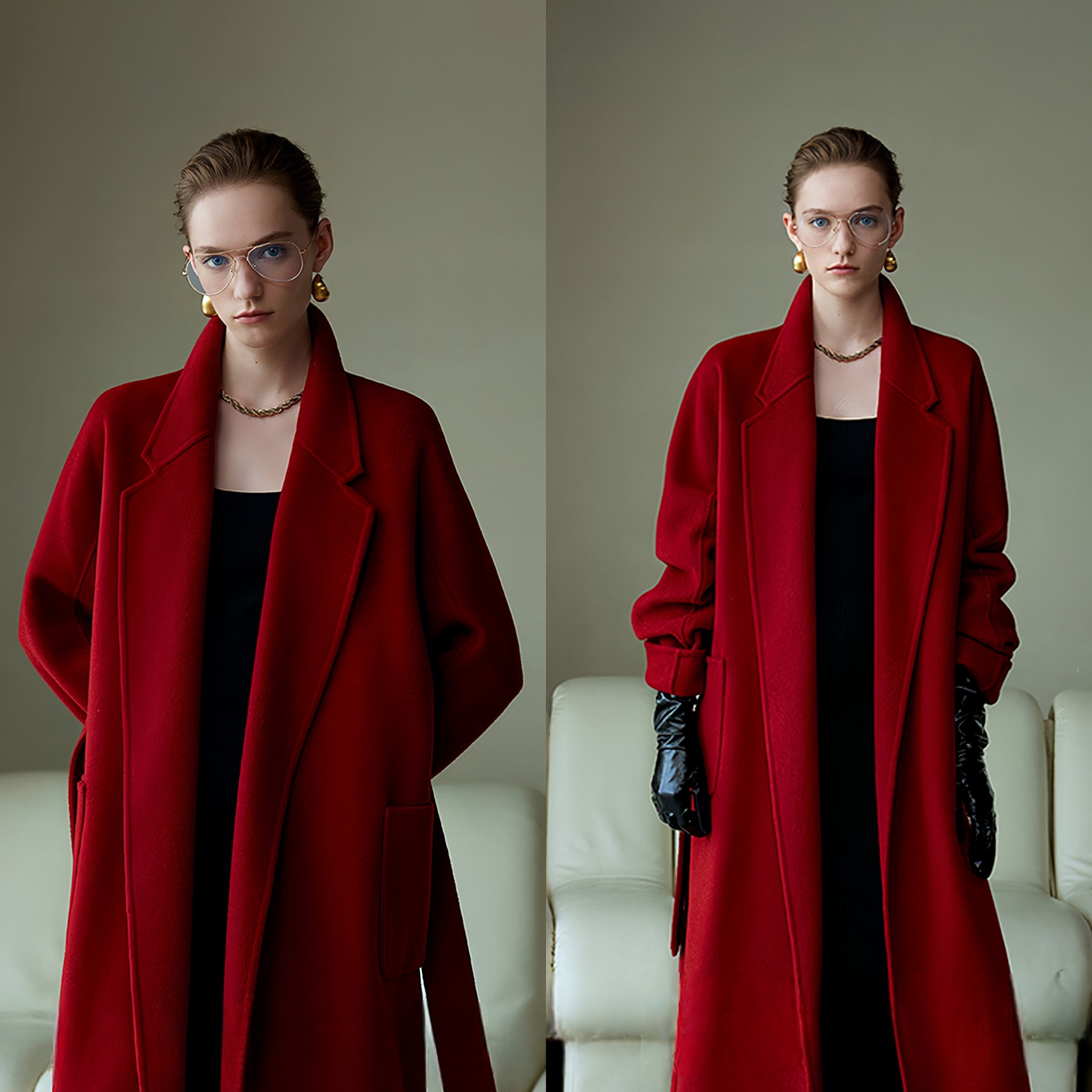 High-End Vintage Christmas Burgundy Double-Faced Wool Coat for Women | Loose Casual Elegant Wool Overcoat