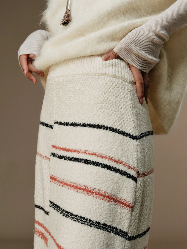 Lazy Winter Chunky Knit Colorblock Striped Stretch Midi Skirt