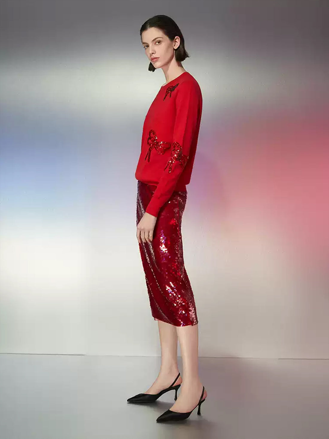 Red Sequin Bodycon Midi Skirt for Christmas Parties – Elegant Slim-Fit Sparkle Skirt