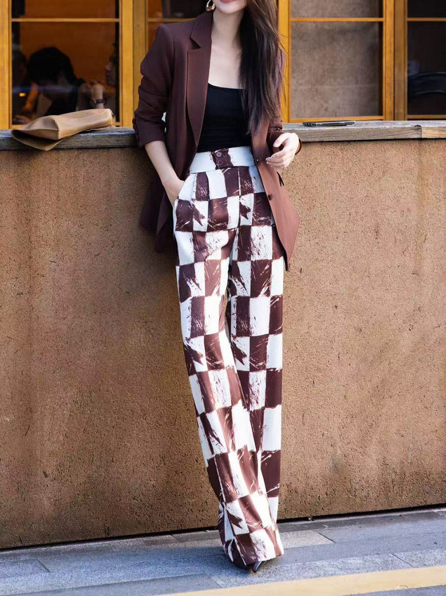 Autumn Two-Piece Set for Women – High-End Coffee Color Plaid Blazer & Trousers, Stylish Tailored Suit