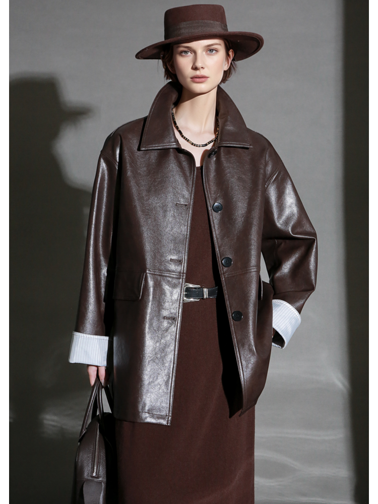 Brown Lambskin Leather Jacket for Women – Short Turn-Down Collar Biker Coat with Striped Cuffs, Chic Fall Outerwear