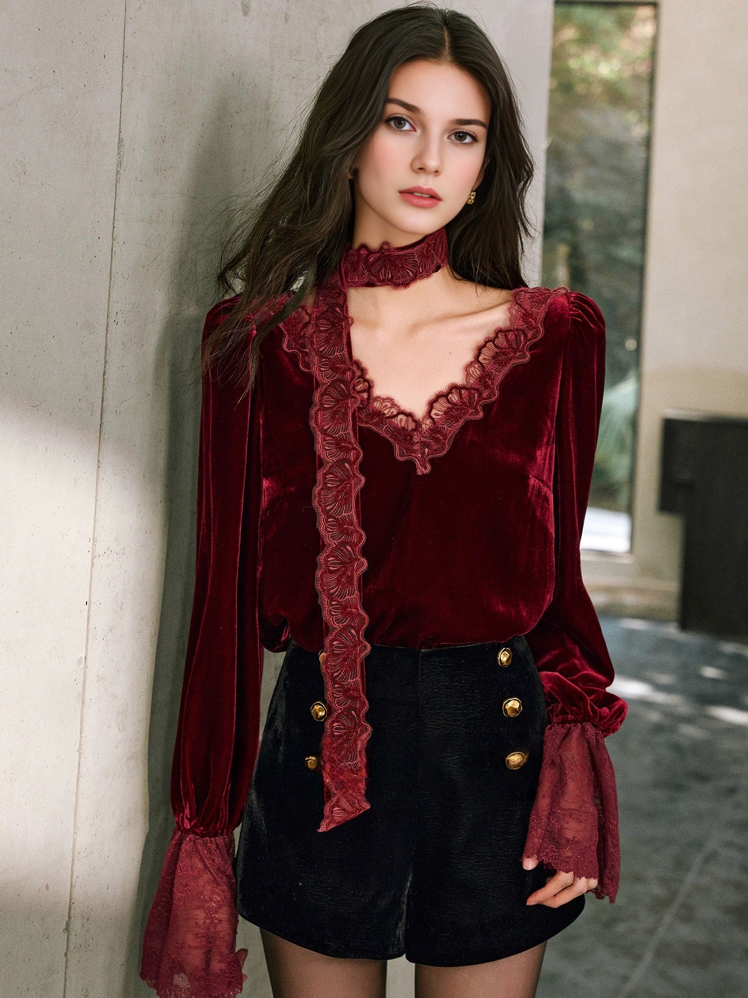 Soft Glow Silk Velvet Top – Eyelash Lace Trim, Tie-Neck Detail, Loose Fit Bell Sleeves