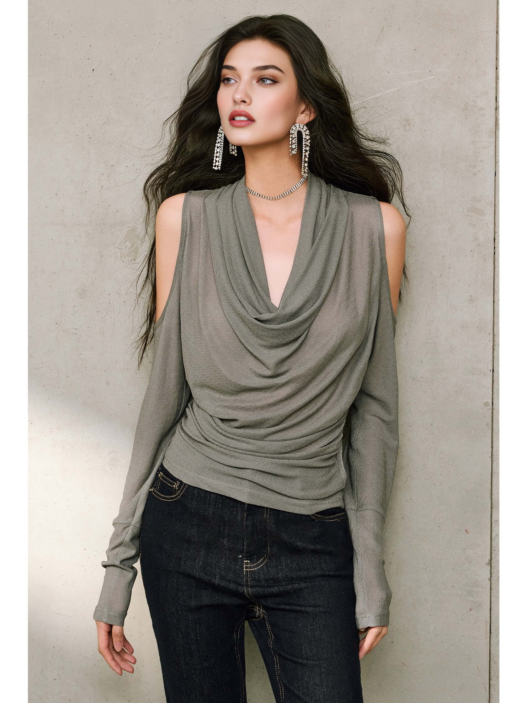 Silk Acetate Crinkle V-Neck Knit Top – Off-Shoulder Draped Design, Gathered Waist, Slimming Long Sleeve