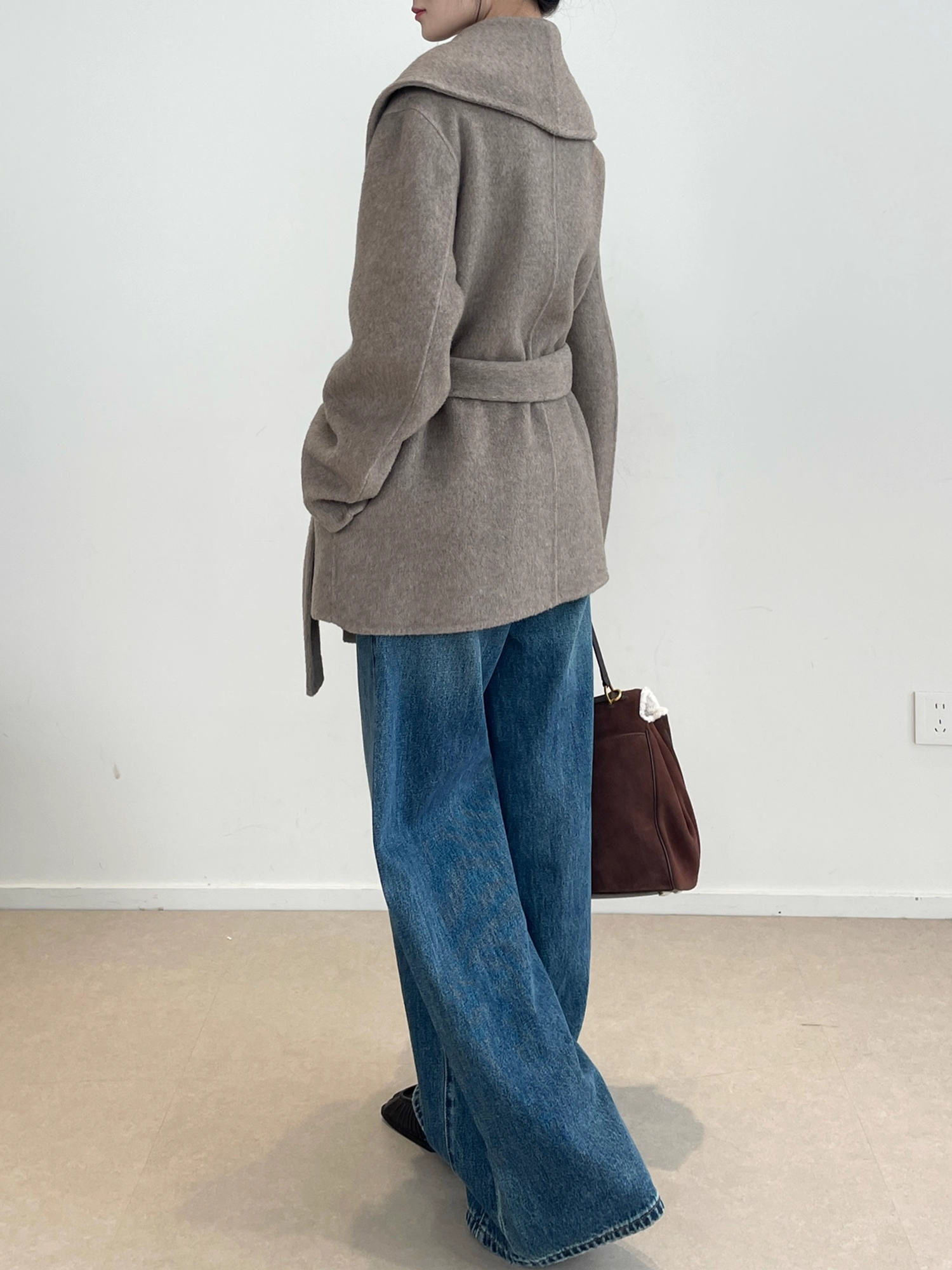 Wool Lyocell Wrap Coat for Women | Double-Faced Wool Overcoat with Lapel Collar, Relaxed Fit Winter Style