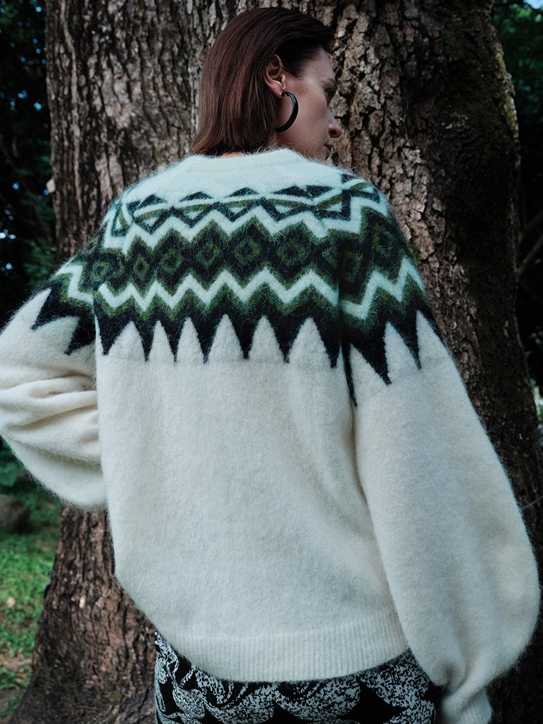 Nomadic Pattern Alpaca Wool & Merino Wool Blend Embroidered Sweater – Misty Fog Effect