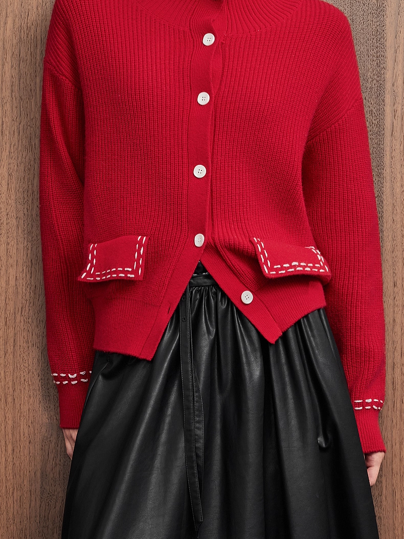 Red Knit Cardigan for Women – New Winter Merino Wool Cozy Christmas Sweater