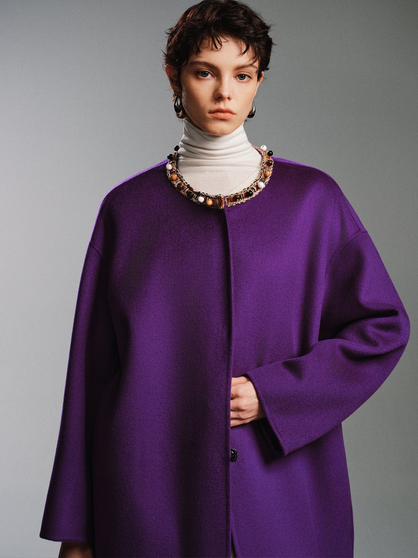 Luxury Cashmere Blend Beaded Coat | Original Designer Double-Sided Wool Overcoat for Women, Forest &amp; Deer Inspired Design