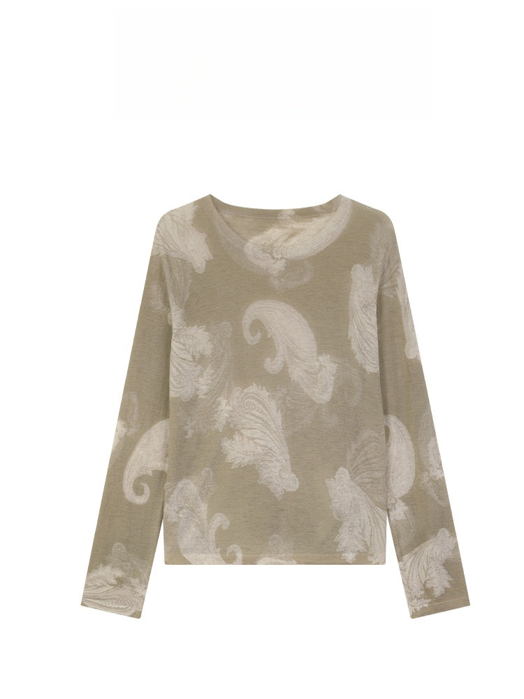 Hand-Painted Cashew Flower Print Wool Sweater – 16-Gauge Fine Knit Pullover with Waist Floral Design for Women
