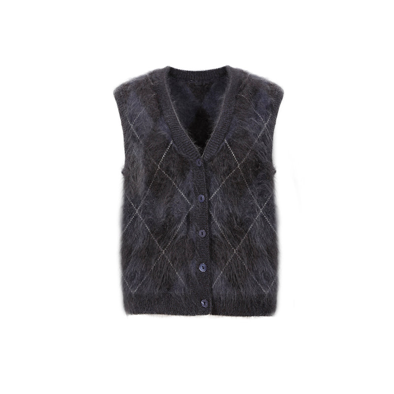 Heavyweight Brushed Knit Vintage Diamond-Pattern Sweater Vest for Women