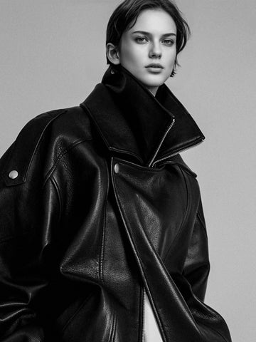 Vegetable-Tanned Goatskin Leather Jacket for Women – Double-Layer Genuine Leather Moto Coat for Fall Winter