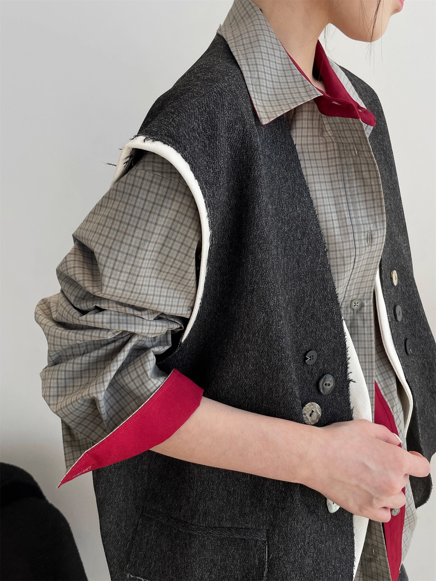 Two-Piece Style Blazer Vest for Women | Contrast Stitching Multi-Button Sleeveless Waistcoat