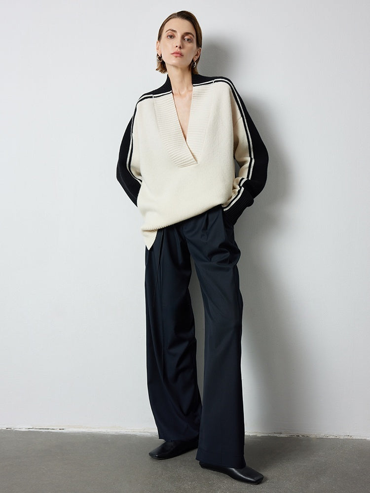 Black & White Color-Block V-Neck Wool Sweater | Oversized Relaxed Fit | Cozy Winter Knit for Women