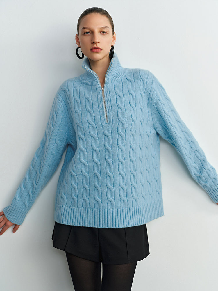 Relaxed Fit Zipper Cable Knit Wool Sweater for Women - Autumn/Winter Casual Sporty Loose Polo Shirt
