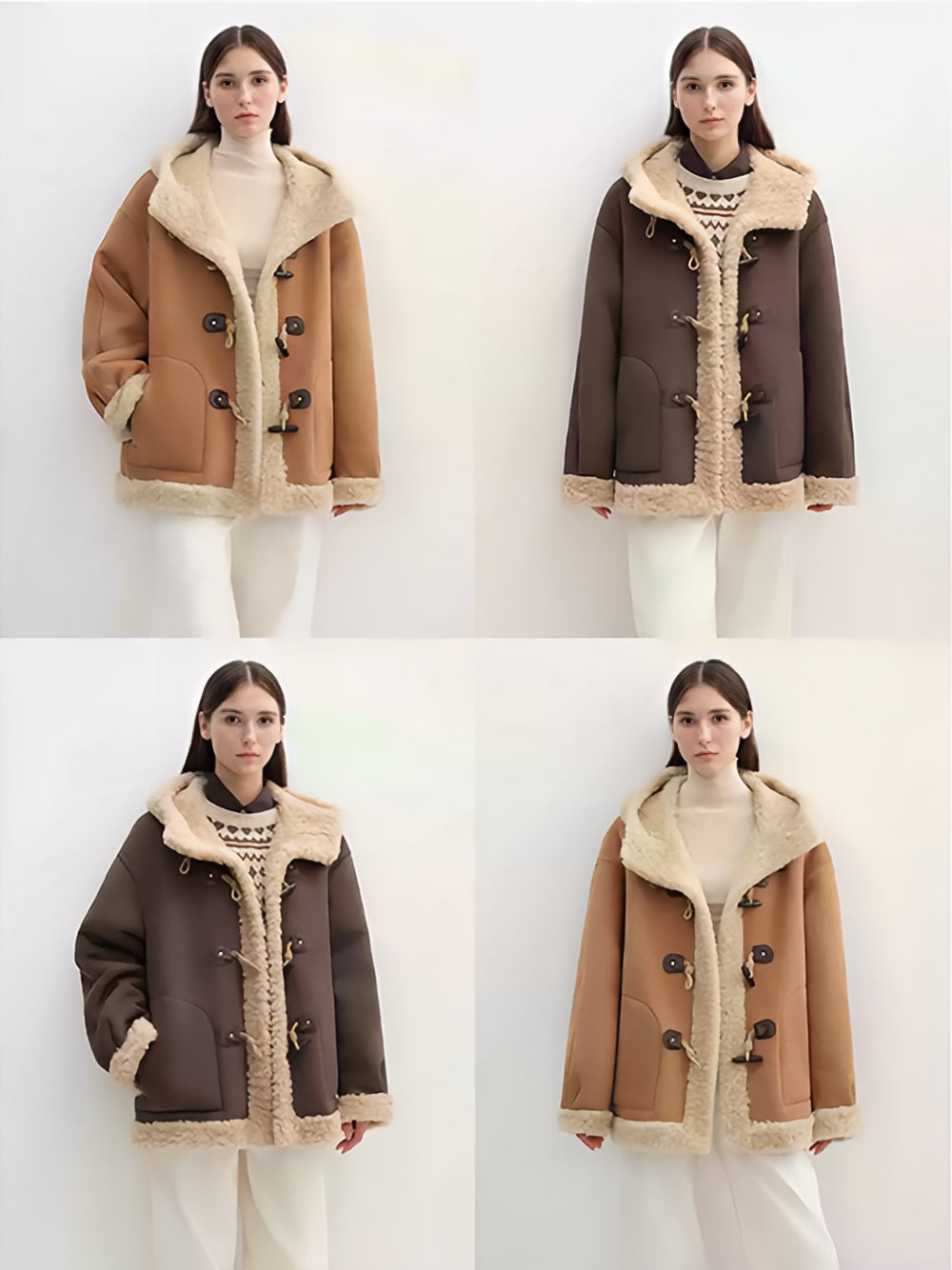 Color-Contrast Shearling Hooded Coat for Women — Mid-Length Faux Sheepskin Jacket with Raw-Edge Trim