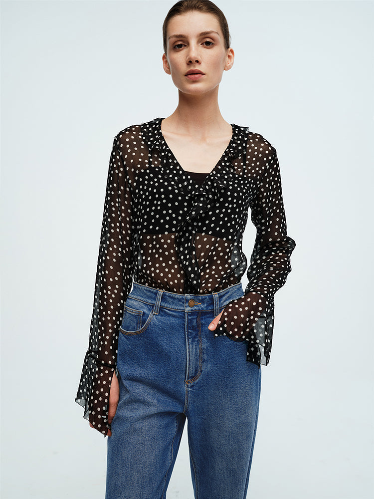 Romantic Ruffle Collar Polka Dot Chiffon Blouse for Women | Lightweight Vacation & Office Wear