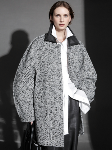 Designer Wool Coat for Women – Double-Faced Herringbone Snowflake Pattern Short Jacket with Leather Collar, Korean Style Winter Outerwear