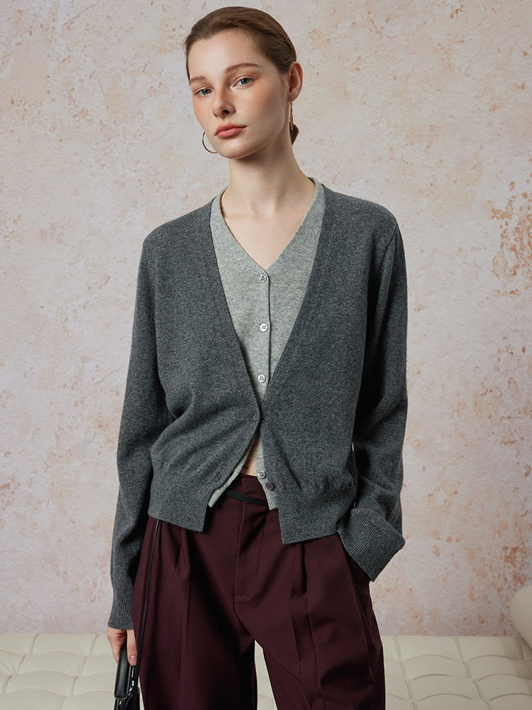 Elegant Wool Knit Cardigan | V-Neck Fake Two-Piece Design | Versatile Autumn Winter Sweater Coat for Women
